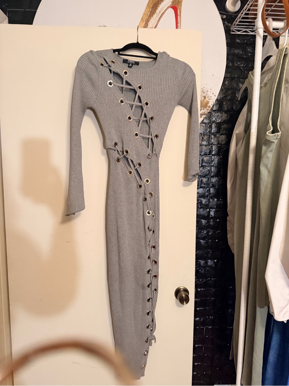 Ribbed Lace-Up Long Sleeve Midi Dress in Light Gray - Picture 3 of 4